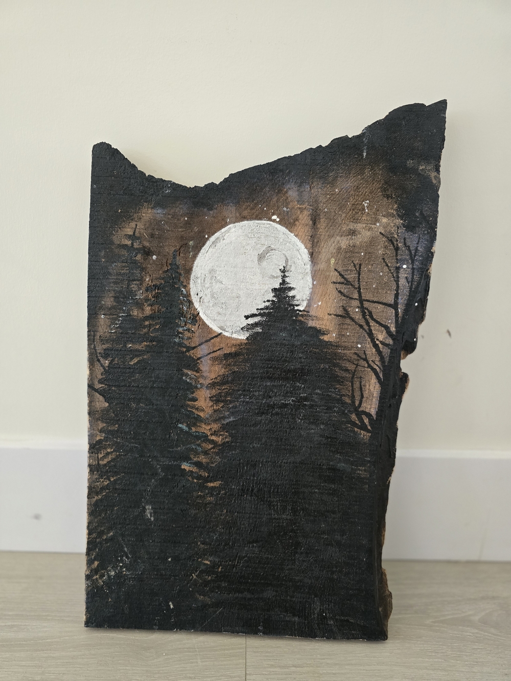 Hand-Painted Moonlit Forest on Wood Barnwood Slab - Black & Brown